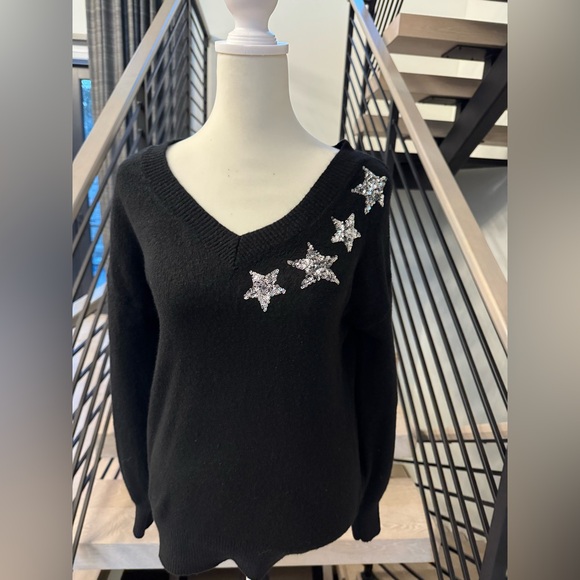 LOFT Black V-Neck Sweater with Star Accents - Picture 2 of 8